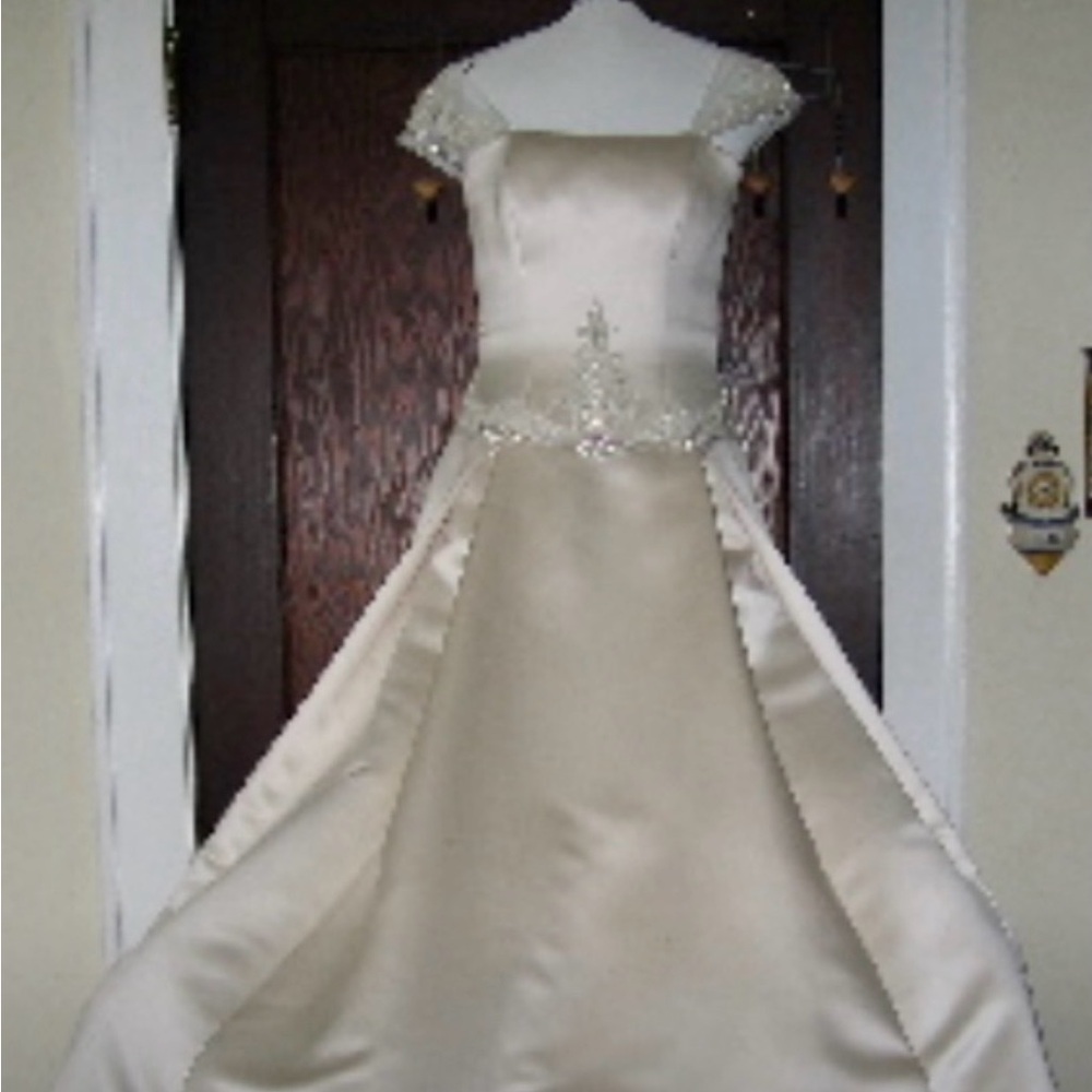 Elegant Ecru Off-Shoulder Wedding Dress - Picture 6 of 7